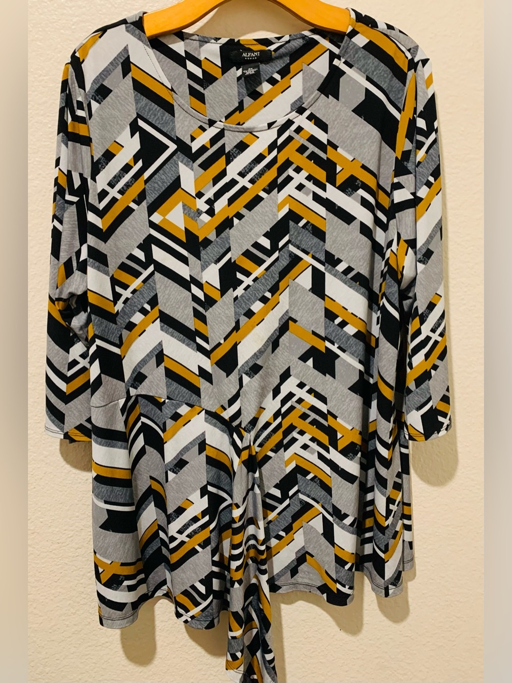 Alfani Geometric Tie-Front Tunic in Mustard, Black & Gray